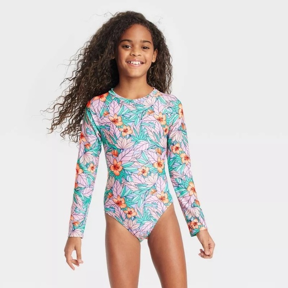 Tropical Floral Kids Rashguard Swimsuit - Picture 1 of 2